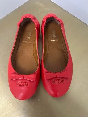 Fendi Red Leather Bow-Trim Ballet Flats